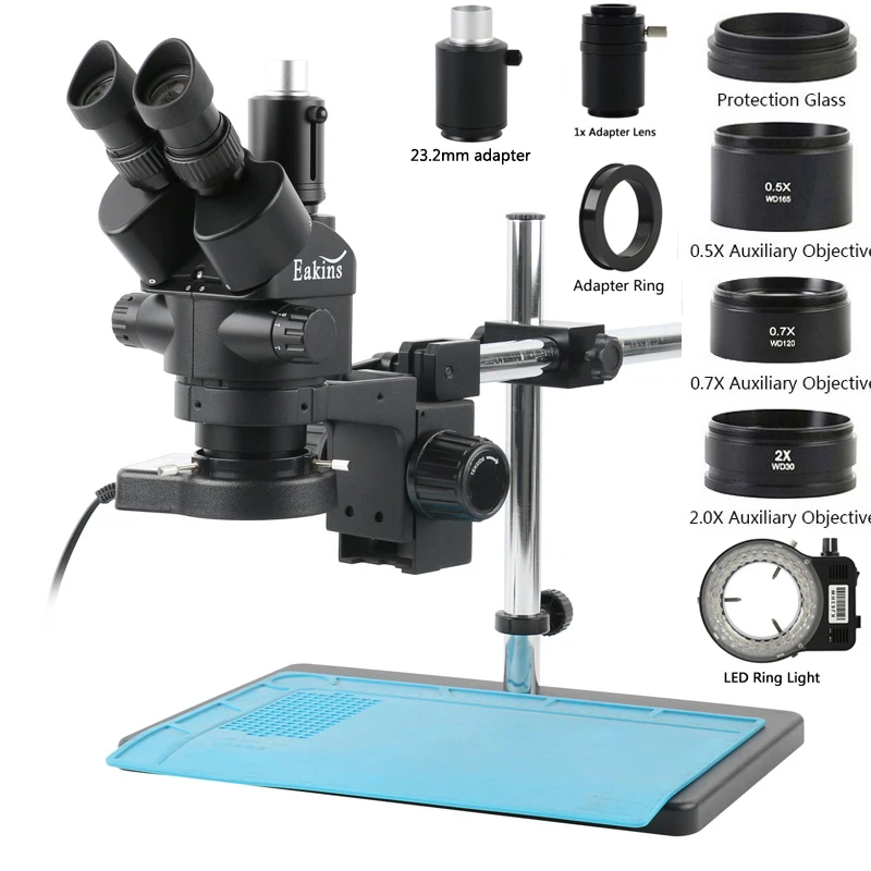 Trinocular Stereo Microscope 7X-45X - ชุดกล้องจุลทรรศน์สเตอริโอแบบสามตาปรับโฟกัสได้ 3.5X 7X 45X 90X สำหรับงานอุตสาหกรรมและห้องปฏิบัติการ