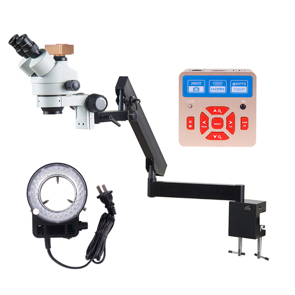 Trinocular Stereo Microscope 7X-45X - กล้องจุลทรรศน์แบบยึดแขนปรับได้ 7X-45X ซูม พร้อมกล้องดิจิตอลสเตอริโอแบบสามตา ไฟ LED