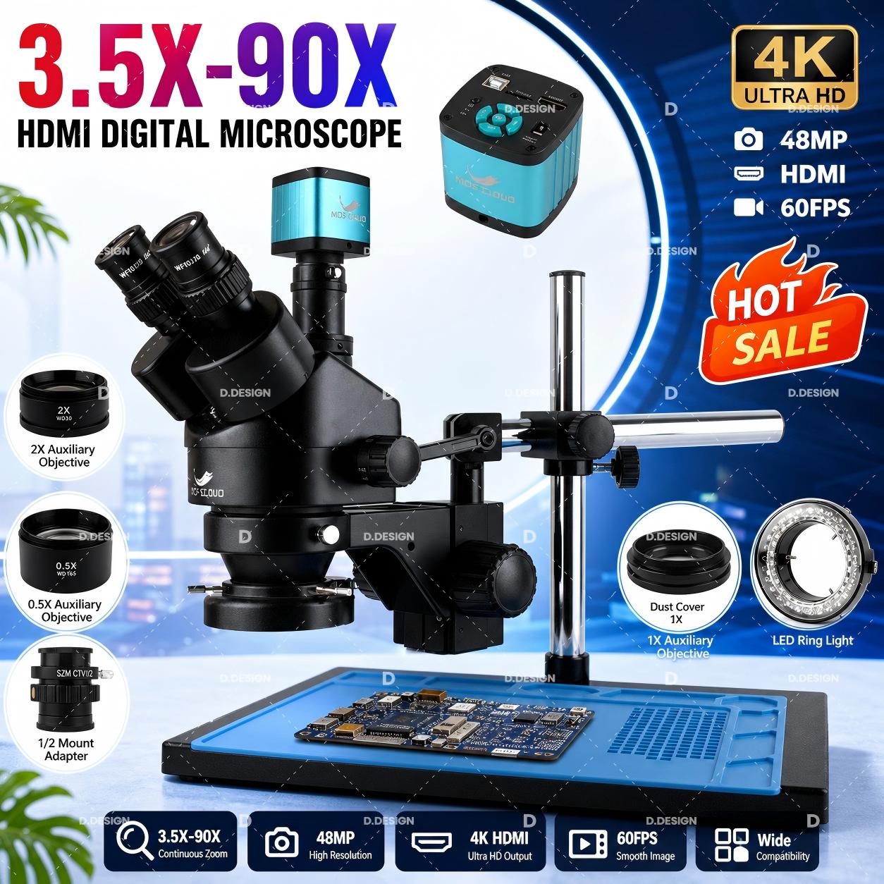 Simul-Focal Industrial Microscope 4K Hdmi - กล้องจุลทรรศน์สเตอริโอแบบปรับโฟกัสได้ 3.5X-100X สำหรับงานอุตสาหกรรมและห้องปฏิบัติการ พร้อมกล้องวิดีโอ HDMI USB