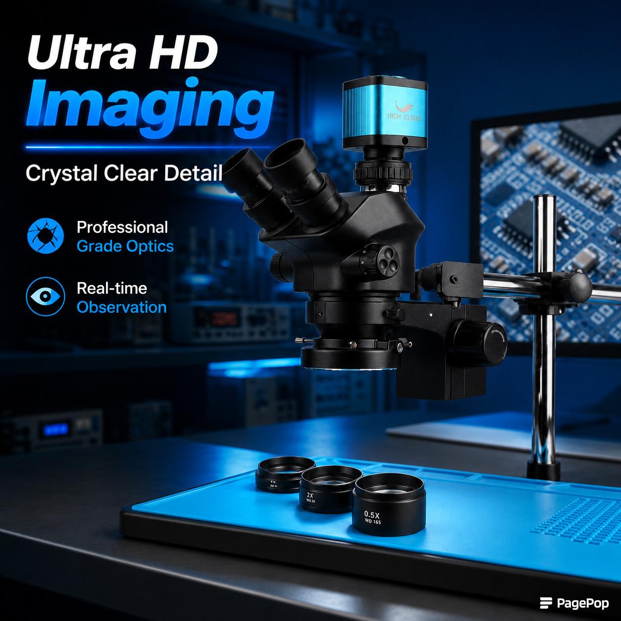 Simul-Focal Industrial Microscope 4K Hdmi - กล้องจุลทรรศน์สเตอริโอแบบปรับโฟกัสได้สำหรับงานอุตสาหกรรม 3.5X-100X พร้อมกล้องวิดีโอ HDMI USB ความละเอียด